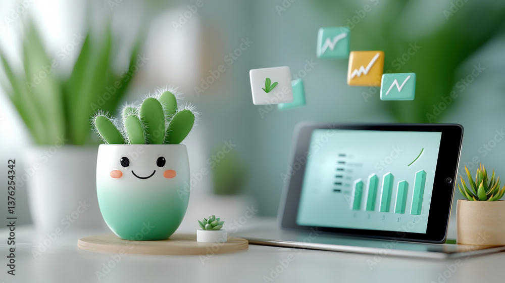 Aufkleber cute cactus in smiling pot sits beside digital tablet displaying growth charts, symbolizing business