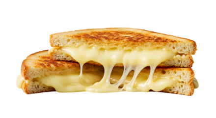 Close up of a golden brown grilled cheese sandwich with melted cheese on a black background