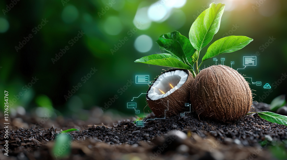 Poster coconut with glowing tech implants and circuits is set against lush green background, symbolizing fu