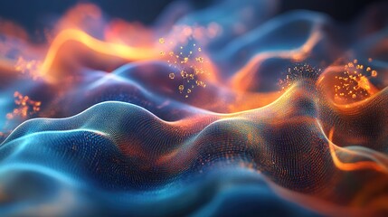 Gravity waves and quantum particles merge in a surreal dance, exploring the fabric of spacetime