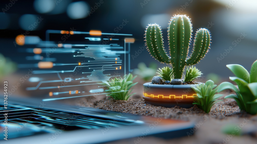Leinwandbilder high tech cactus glows in futuristic desert environment, surrounded by digital interfaces and small 