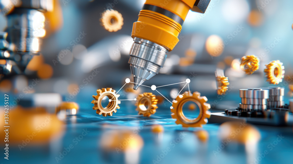 Poster futuristic robotic arm interacts with gears, symbolizing advanced technology and automation in digital factory setting. scene is vibrant and dynamic, highlighting innovation