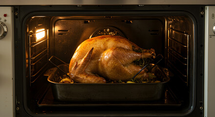 Golden brown turkey roasting inside a lit oven, ready for holiday festivities