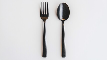 Minimalist flatware arrangement: Black fork and spoon on a plain white surface