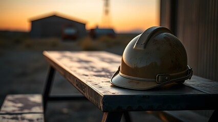 Safety helmet resting on metal table at construction site during sunset.  