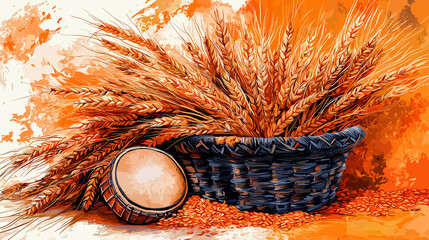 Illustration on orange background for Indian harvest festival Baisakhi with ears of wheat, Punjabi dhol drum