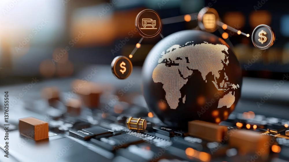 Poster digital globe with connected trade routes and currency symbols represents global commerce and techno
