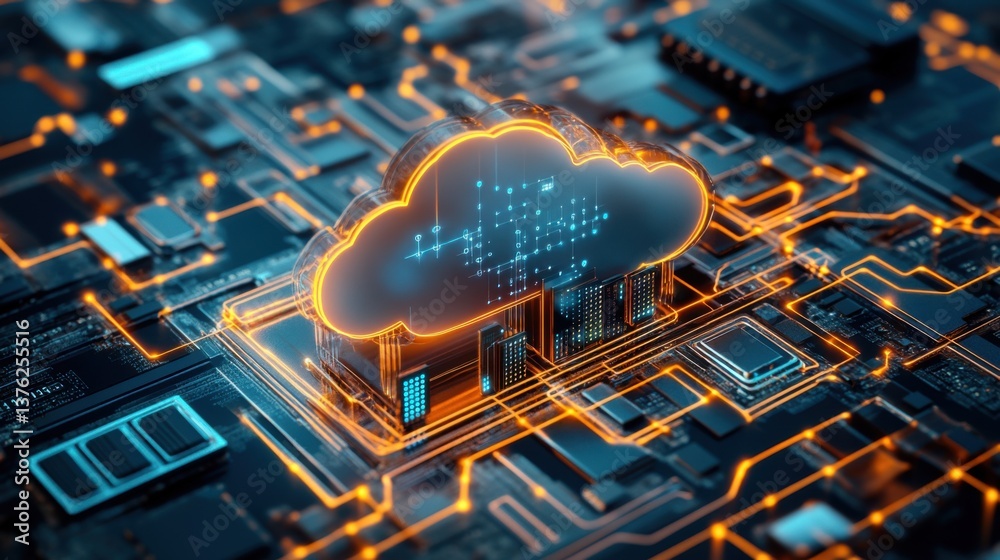 Poster a futuristic representation of a cloud computing concept, featuring digital circuits and glowing ele
