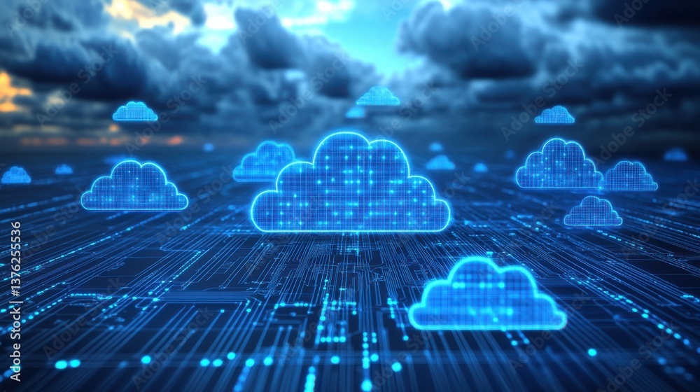 Poster a digital representation of clouds connected by data streams, symbolizing cloud computing and techno