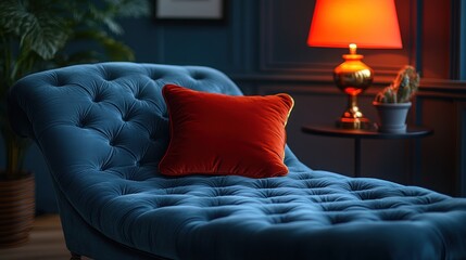 Obraz premium Luxurious teal velvet chaise lounge with red pillow in a dimly lit room.