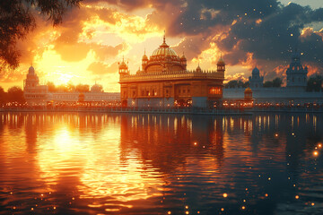 The majestic Golden Temple (Harmandir Sahib) reflected in the water at sunset.