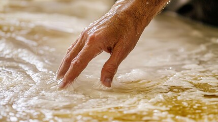 Fototapeta premium close-up of a person’s hand touching a flooded floor, their fingers dissolving into water droplets, representing fragility and loss. Muted colors, high contrast. Copy space. hand touching water, 