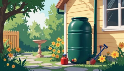 Naklejka premium Rainwater harvesting barrel in vibrant garden, eco-friendly living