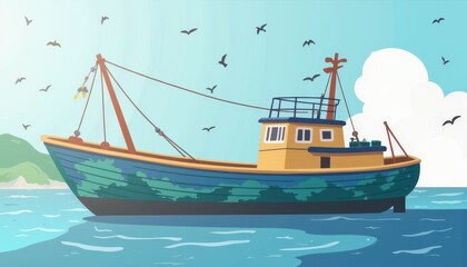 Wooden fishing boat sailing in calm sea under blue sky, sustainable concept