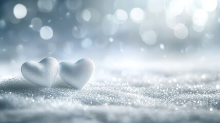 Fototapeta premium Two White Hearts on Glittering Snow - Two white hearts nestled together on a bed of sparkling snow, creating a romantic and serene winter scene. Perfect for Valentine's Day, wedding