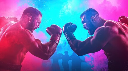 Two muscular boxers face off in a vibrant, intense standoff with dynamic lighting and colorful smoke effects
