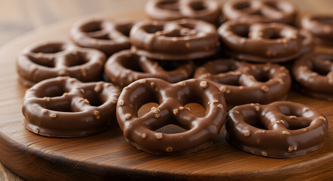 Delicious milk chocolate covered pretzels on a wooden serving board delight