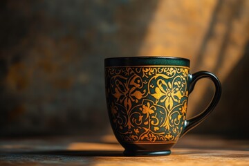 A decorative ceramic mug with ornate floral patterns and handle