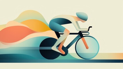 Cyclist racing along colorful road in minimalist style illustration of speed and motion.