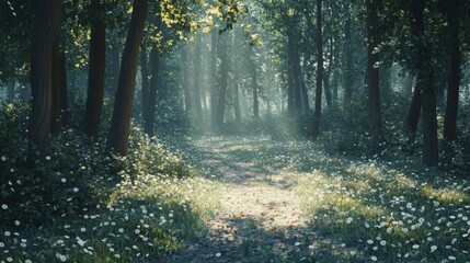 Obraz premium A serene forest path illuminated by sunlight, surrounded by lush greenery and blooming flowers, creating a peaceful and inviting atmosphere.