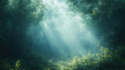Obraz premium A serene forest scene with sunlight filtering through the trees, creating a mystical atmosphere filled with lush greenery.