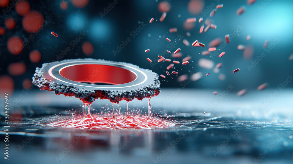 Aufkleber futuristic digital lock appears broken, with red particles and glowing elements symbolizing data breach. scene is set in high tech, abstract environment, evoking sense of vulnerability