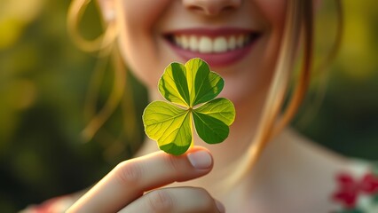 Smiling woman holding four leaf clover leaf outdoors in bright sunlight  