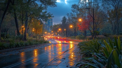 Naklejka premium Rainy twilight city park street scene with lights reflecting on wet asphalt.