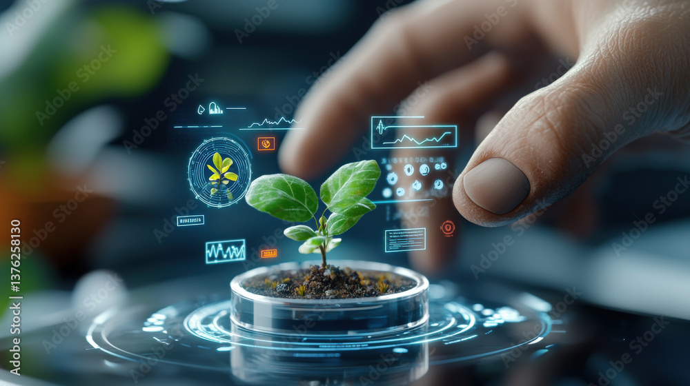 Poster hand interacts with futuristic digital interface displaying small plant in petri dish, symbolizing a