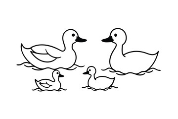 Cute Duck Family Swimming, Water Birds, Outline, Illustration, Simple