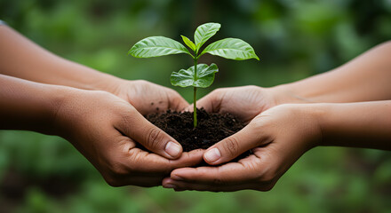 Two hands delicately holding a young coffee plant seedling against a green backdrop