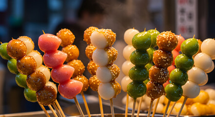 Colorful Korean sweet rice cake skewers offer delightful visual treat food photography