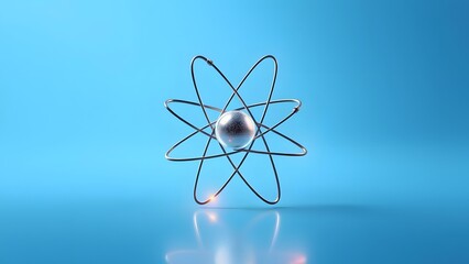 3d metallic atom model with electron orbits on blue background, minimal concept  