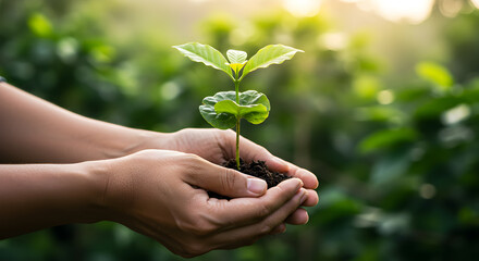 Tender hands nurturing a vibrant coffee seedling against a lush backdrop