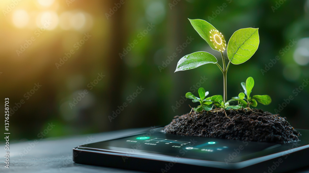 Aufkleber small plant with glowing digital elements grows from soil on sleek digital device, symbolizing fusio