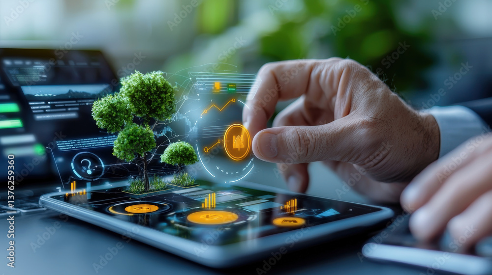 Leinwandbilder hand interacts with digital tablet displaying holographic financial charts and small tree, symbolizi