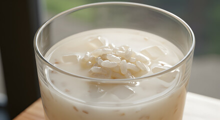 Close-up shot of Sikhye a Korean sweet rice punch in a clear glass