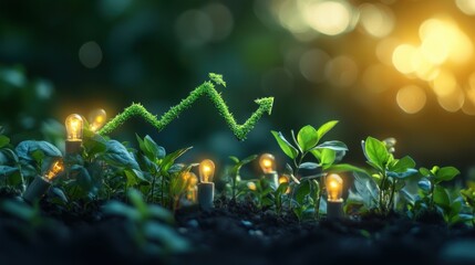 A vibrant scene depicting young plants with glowing bulbs, symbolizing growth and sustainability, alongside a graph made of greenery.