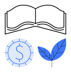 Open book, blue dollar coin, leaf icon reflecting education, sustainability, environmental awareness, financial literacy. Ideal for education, finance, eco-friendly themes learning growth