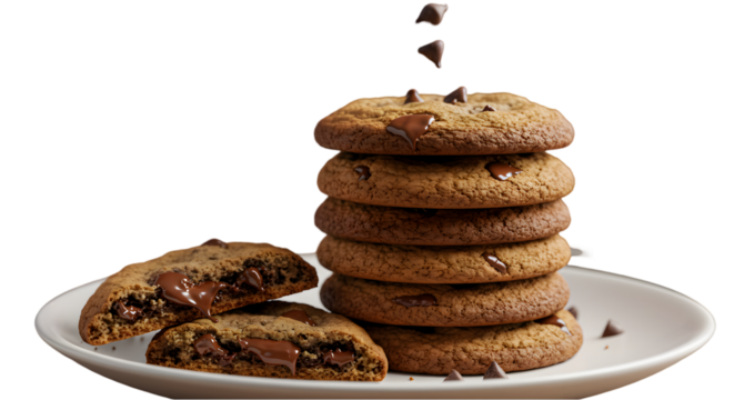 A stack of chocolate chip cookies on a plate with chocolate chips falling from above on a black background