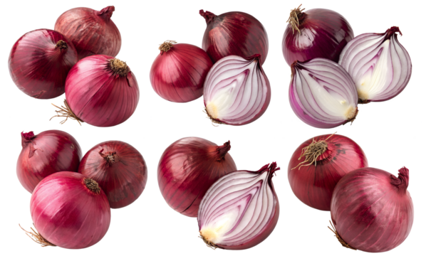 Collection of different red onions isolated on a white background. Concept of healthy vegetables with outline outline.