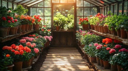 Vibrant greenhouse filled with blooming flowers, showcasing diverse colors and lush greenery