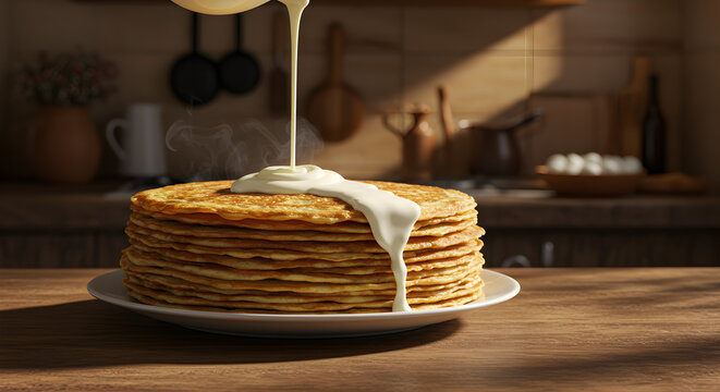 Golden layered flija pancake tower with cream drizzled in warm domestic kitchen