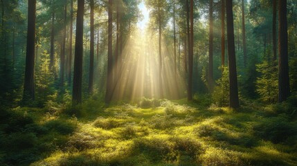 Obraz premium A serene forest scene with sunlight streaming through tall trees, illuminating the lush green undergrowth and creating a peaceful atmosphere.