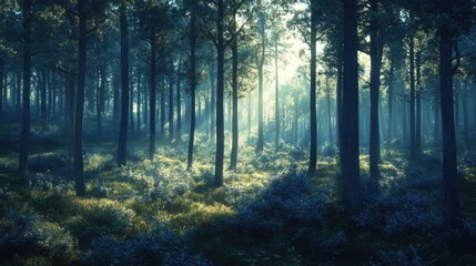 Fototapeta premium A serene forest scene bathed in soft sunlight, with tall trees and lush undergrowth, creating a tranquil and enchanting atmosphere.