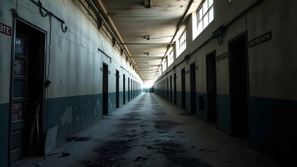 Abandoned prison corridor with peeling walls and scattered debris in moody lighting  