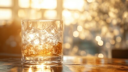 A close-up of a glass filled with ice and a golden liquid, illuminated by warm sunlight, creating a cozy and inviting atmosphere.