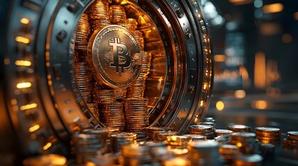 Glowing bank vault with digital currency and financial data