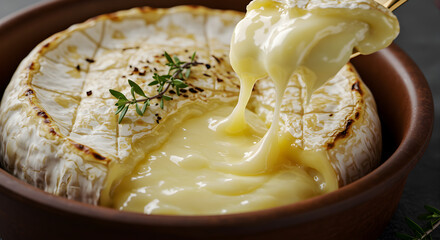 Deliciously Melted Camembert Cheese with Fresh Thyme in Rustic Brown Bowl