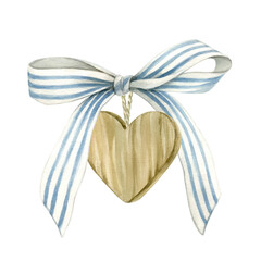 Wooden heart and bow decor watercolor illustration hand drawn and isolated from the background. Striped bow for your design, compositions, wreaths.